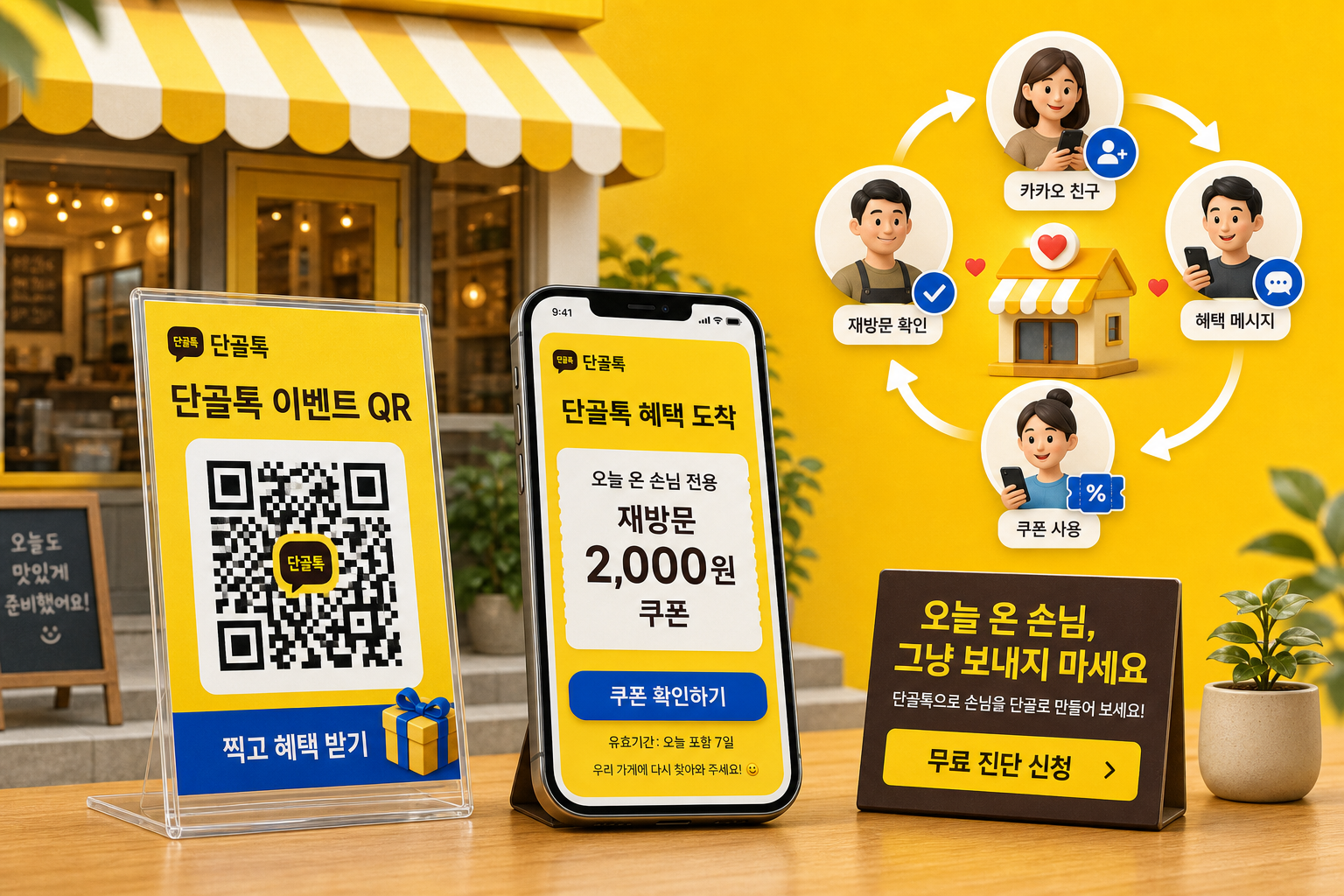 단골톡 이벤트 QR, 재방문 쿠폰 메시지, 카카오 친구와 재방문 확인으로 이어지는 고객 전환 CTA 목업