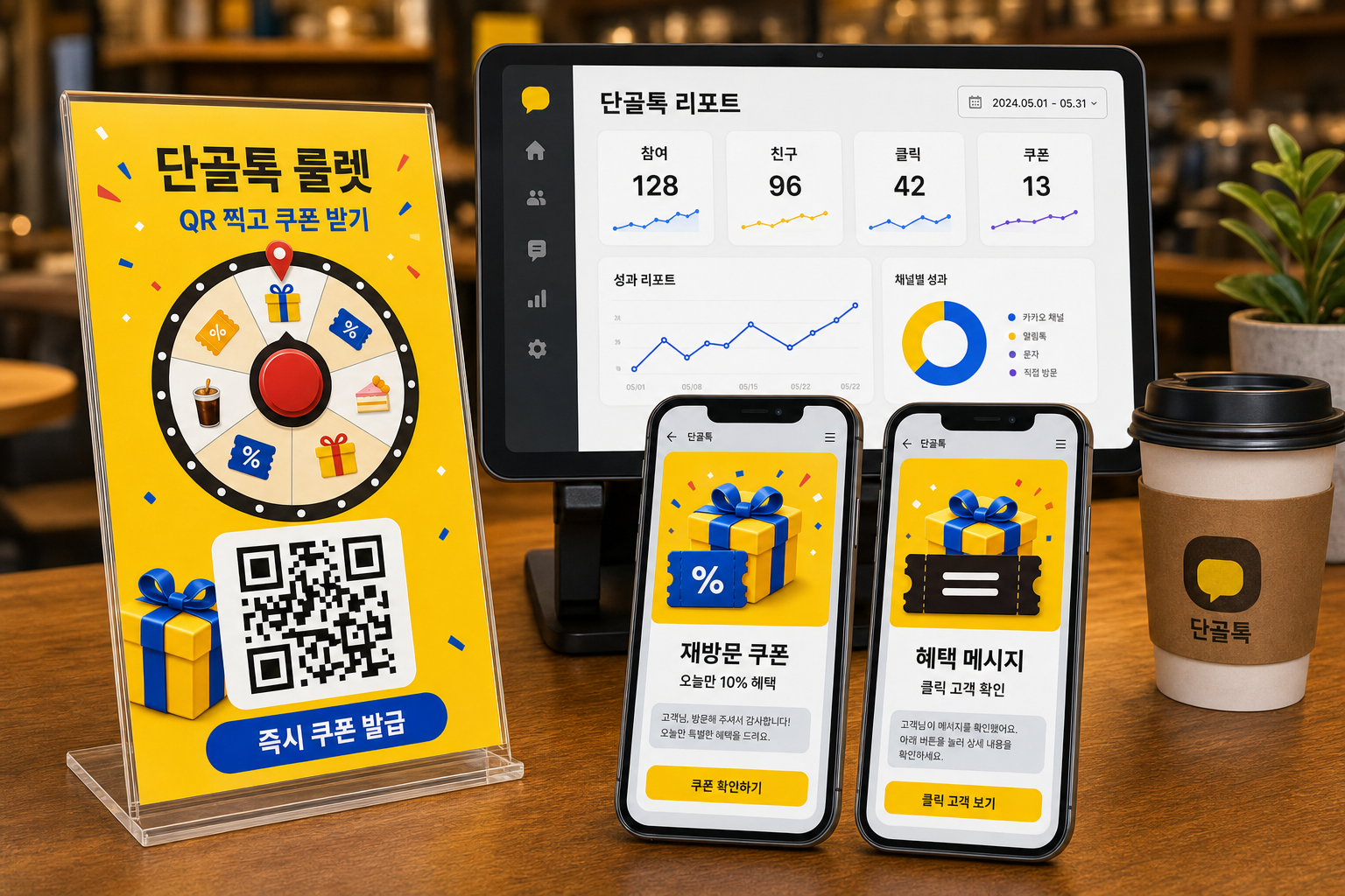 매장 이벤트 룰렛 QR 안내판, 단골톡 리포트, 카카오 혜택 메시지 화면
