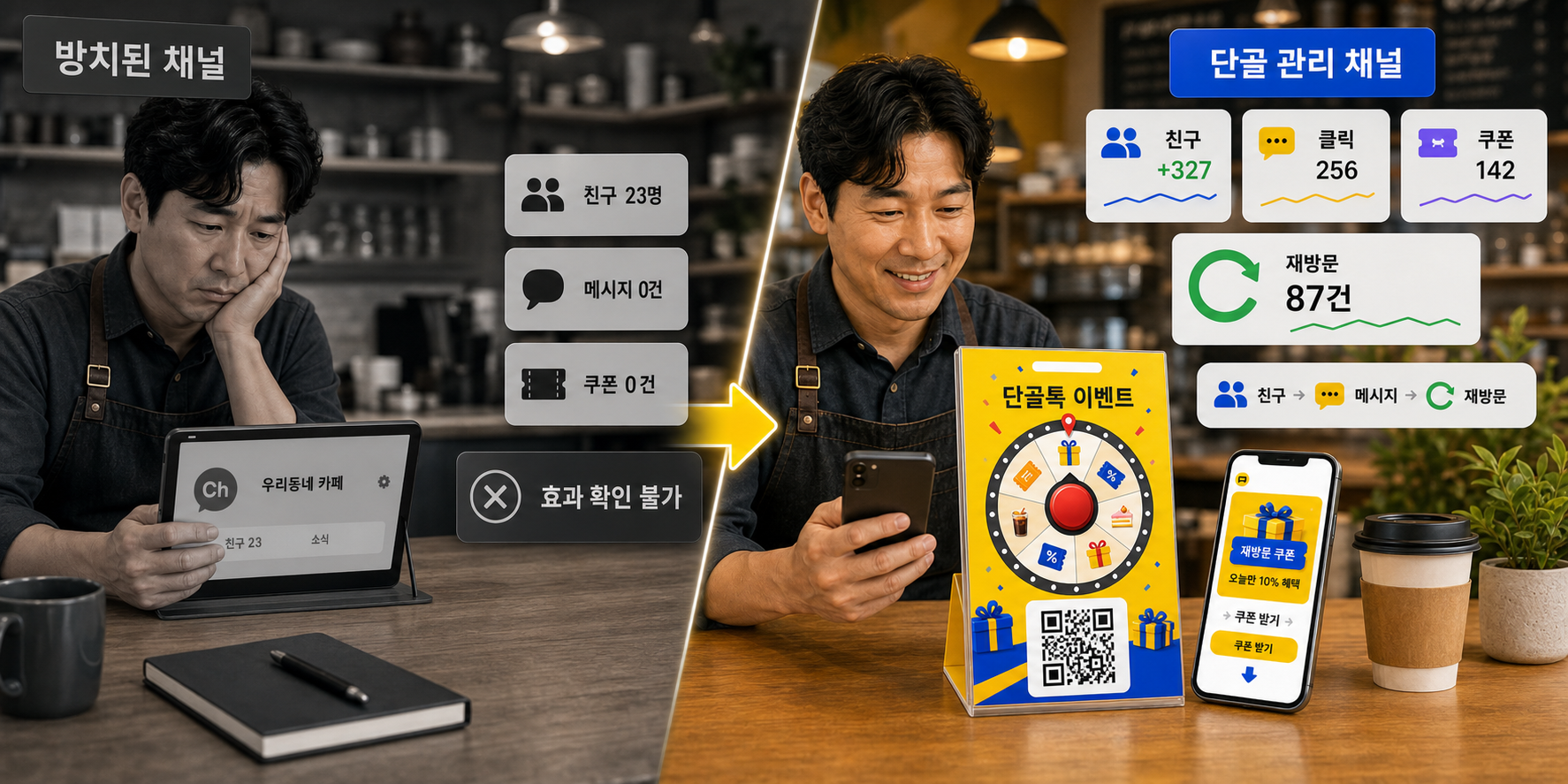 버려둔 카카오 채널이 단골 관리 채널로 전환되는 비교 그래픽