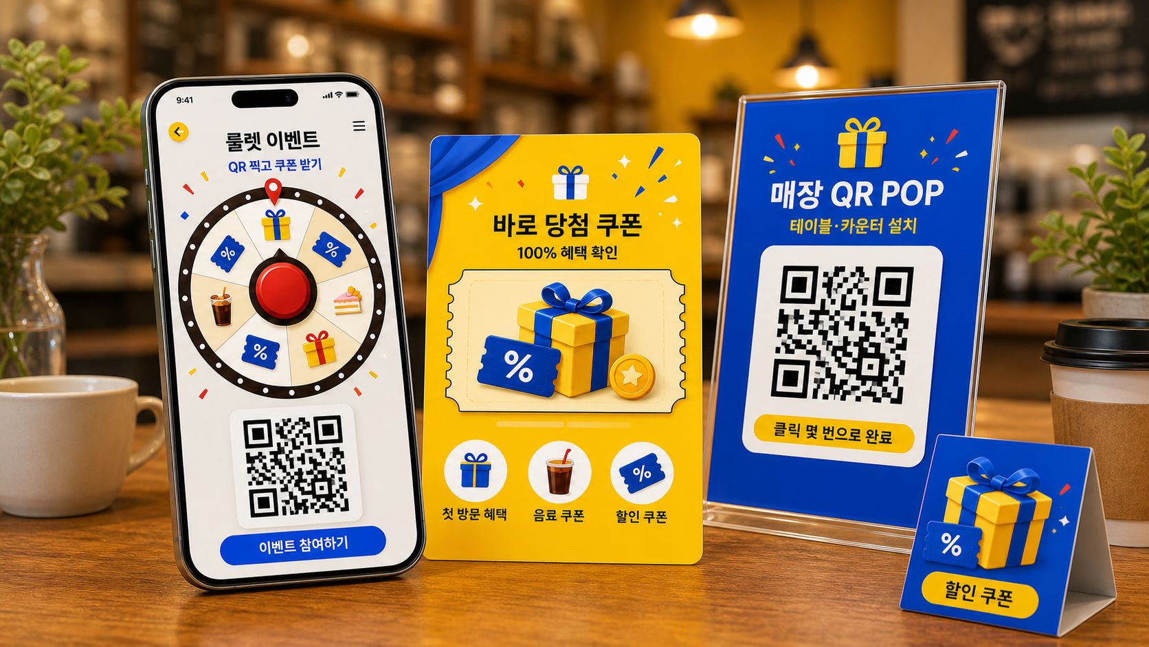 룰렛 이벤트, 100% 당첨 이벤트, 매장 QR POP와 테이블 QR 예시