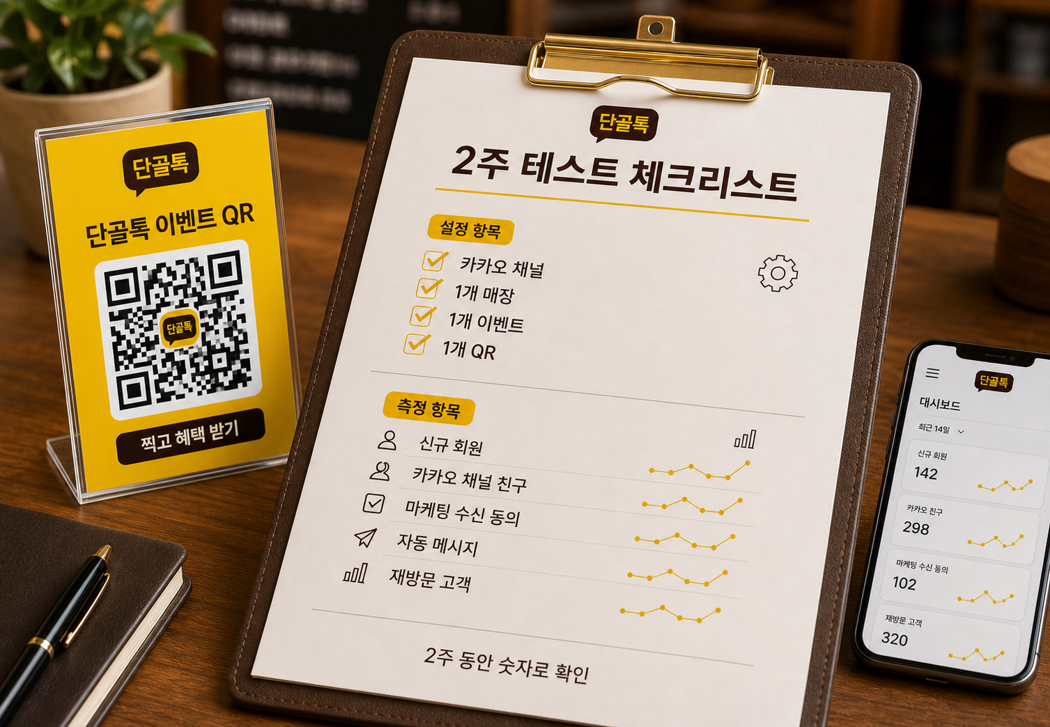 단골톡 로고와 카카오 채널, 1개 매장, 1개 이벤트, 1개 QR 설정 및 신규 회원, 카카오 채널 친구, 마케팅 수신 동의, 자동 메시지, 재방문 고객 측정 항목이 적힌 2주 테스트 체크리스트 목업