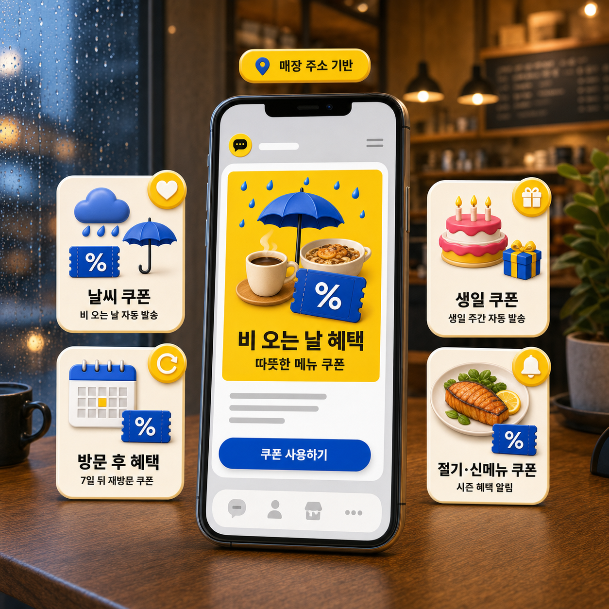 비 오는 날 쿠폰, 생일 쿠폰, 방문 후 14일 재방문 쿠폰, 신메뉴 출시 혜택 메시지 예시